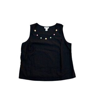 Vintage 90s A.K.C. Linen Blend Tank Top Women's 1X Sleeveless Shirt Blouse Black